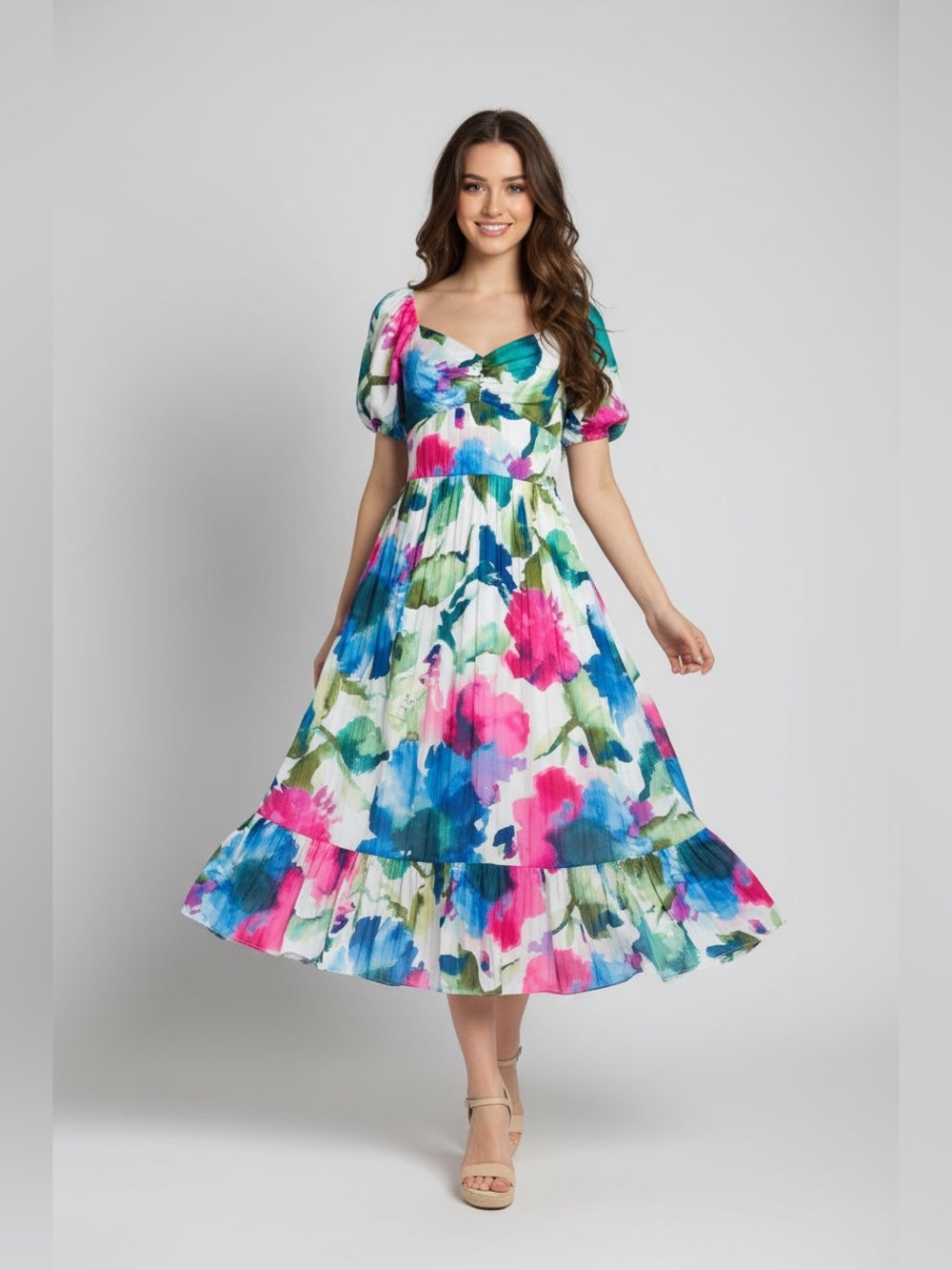 Watercolor Floral Sweetheart Midi Dress in White, Pink & Blue